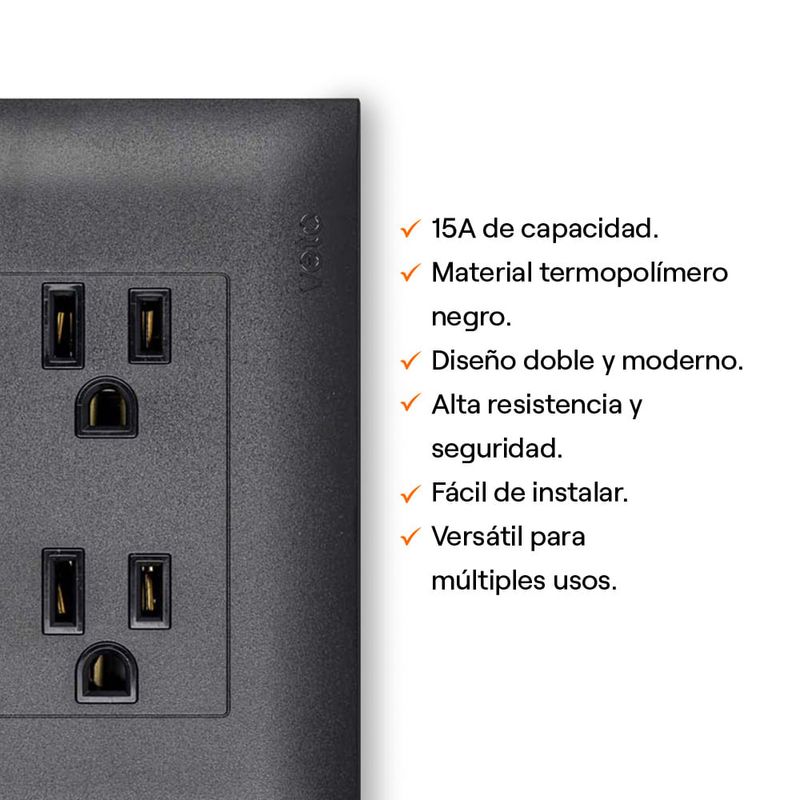 Tomacorriente-Doble-Negro-Termopolimero-15A-7.5x11.8cm-|-Veto
